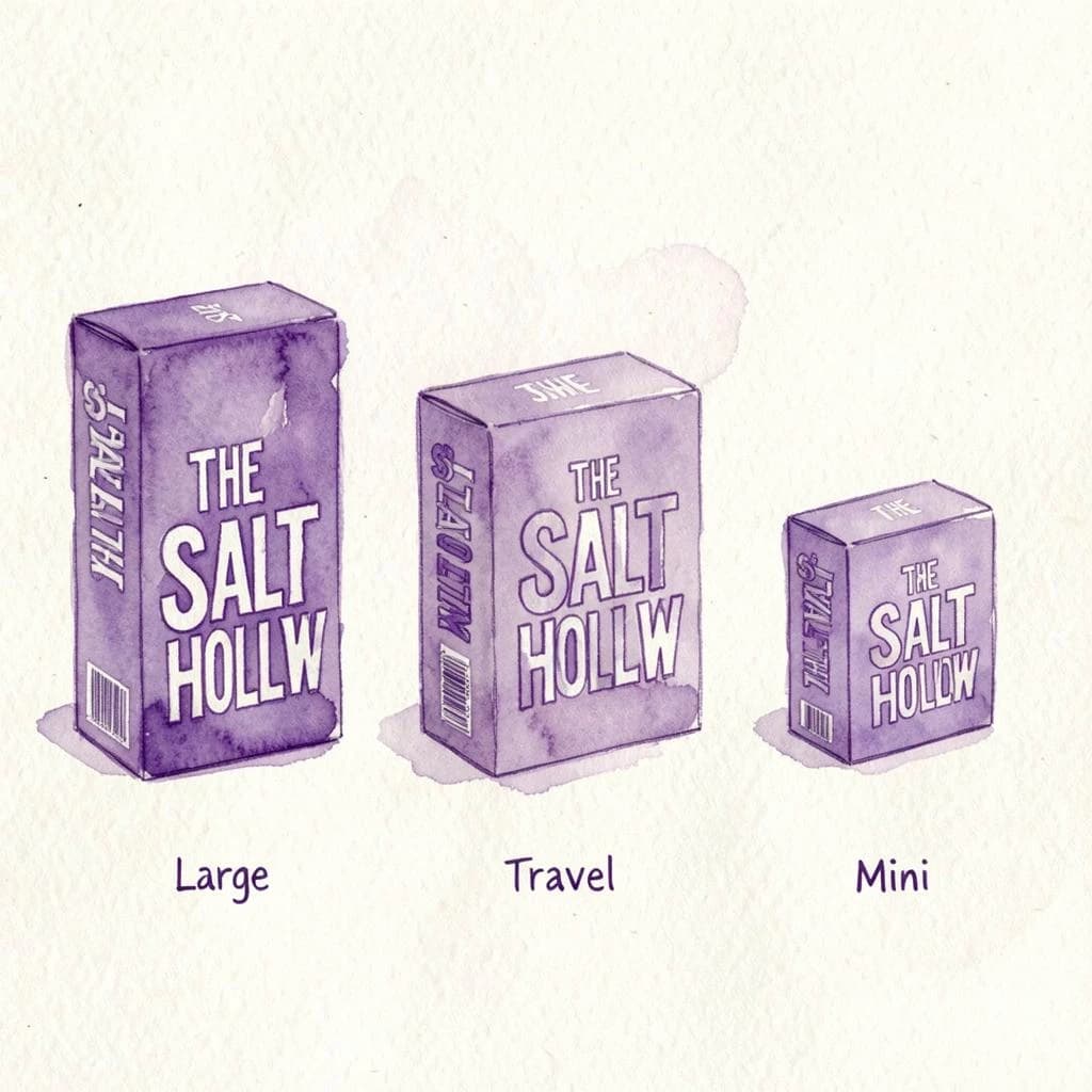 Watercolor of the same board-game box drawn in three editions, captioned "Large", "Travel" and "Mini", every edition carrying the wordmark "The Salt Hollow" in the same purple-and-white coloring, only the box size changing.