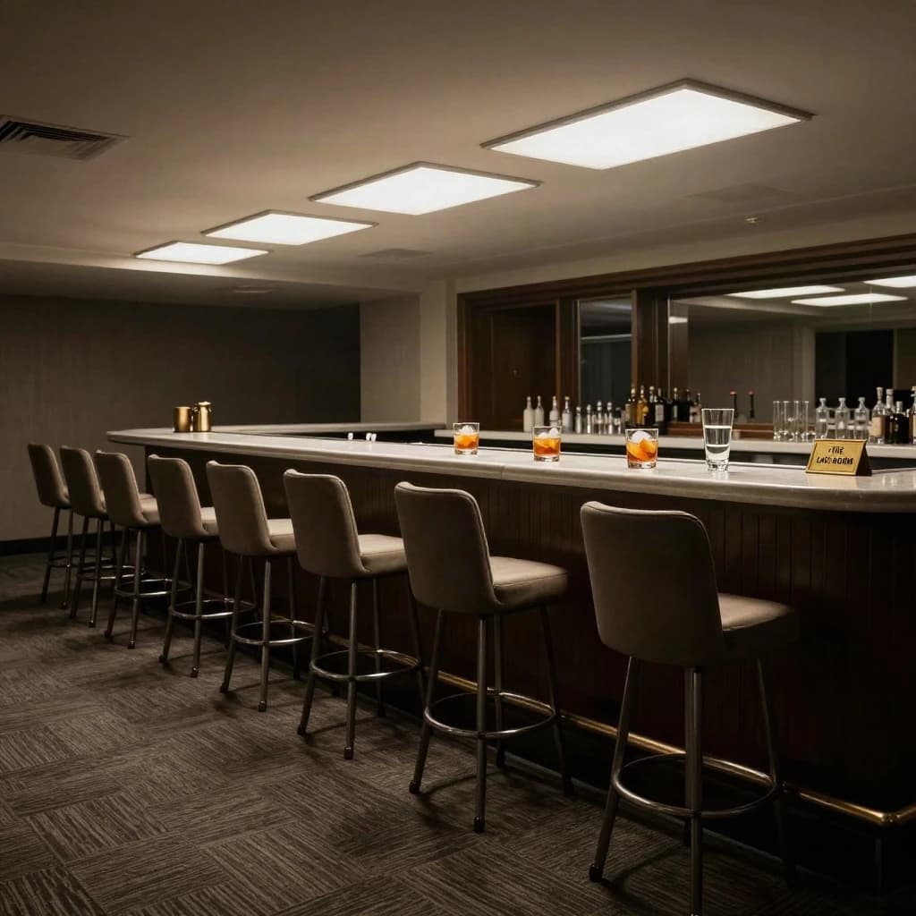 Liminal space photograph of a hotel bar at four in the morning, humming fluorescent ceiling panels, patterned carpet running off frame, nobody in sight. Eleven identical barstools stand in one unbroken row along the counter, only the fifth pulled out and turned. Three finished old fashioneds sit spaced along the bar, each down to melted ice and a single orange peel, and a fourth glass, freshly poured and still clear, waits at the far end beside a small brass sign reading "THE LATE ROOM".