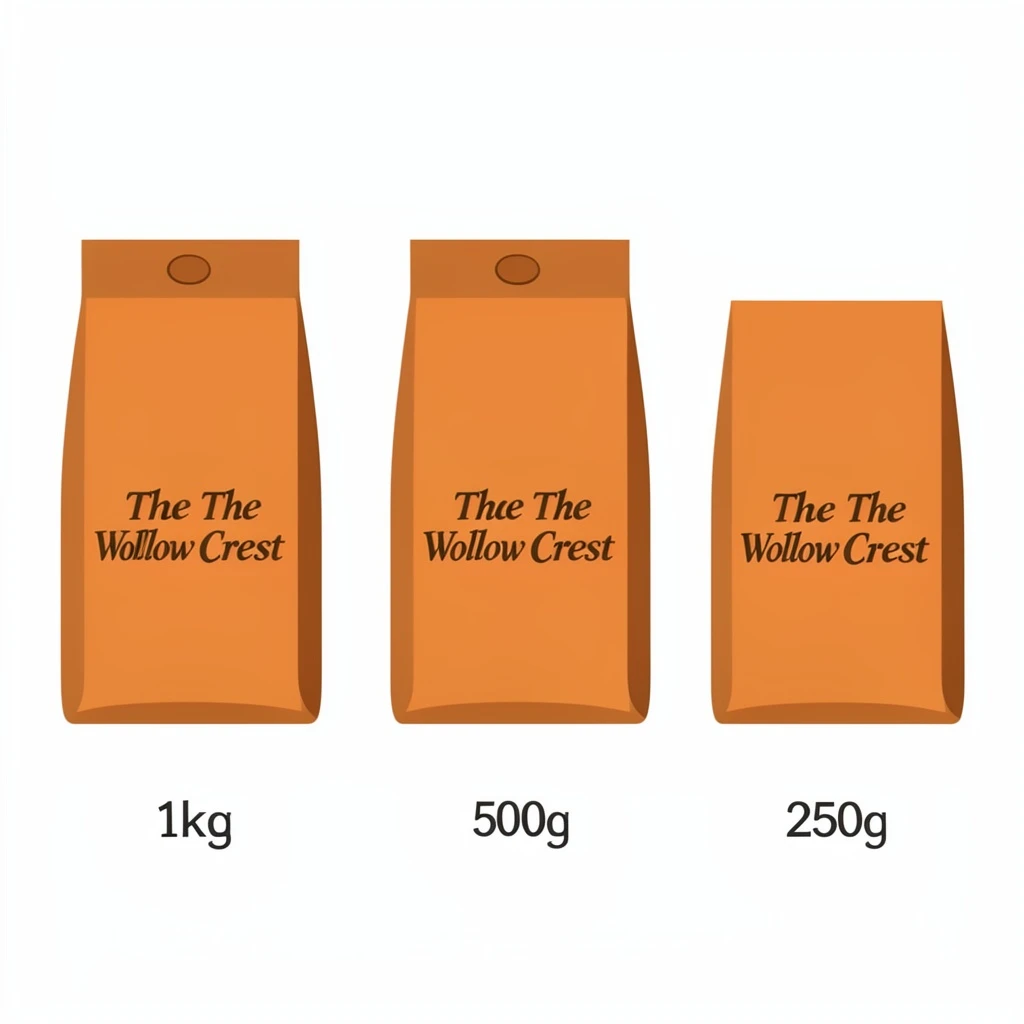 Flat vector illustration of the same coffee bag drawn in three sizes, captioned "1kg", "500g" and "250g", every size carrying the wordmark "The Willow Crest" in the same orange-and-brown coloring, only the bag size changing.