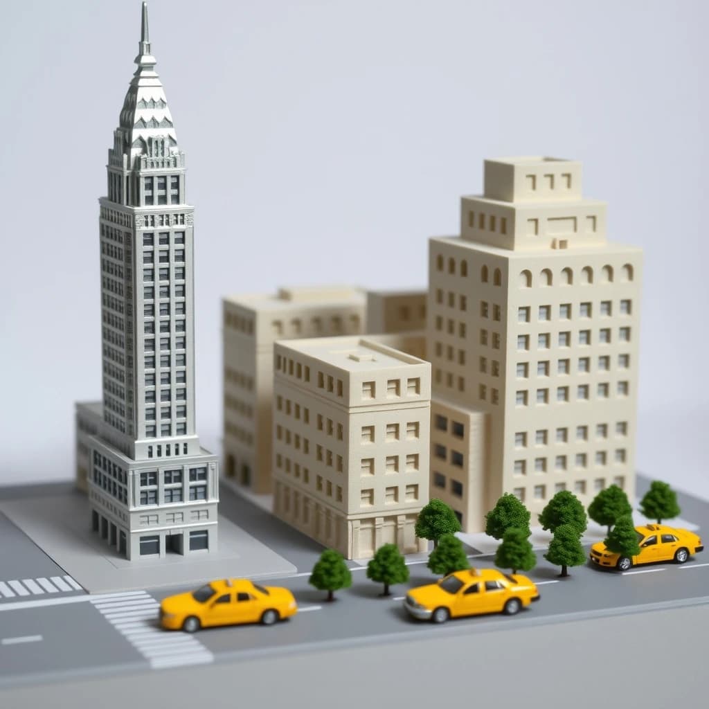 Tilt shift photograph of a hand built architectural scale model of a Midtown Manhattan block, studio lit from the upper left.
The Chrysler Building stands on the corner in polished silver card with its stepped crown and triangular windows. Directly across the street sits a proposed cream limestone tower, two floors shorter, topped by a stepped roof garden. Between them four smaller grey massing blocks in plain foam. Six tiny yellow cabs on the avenue, three stopped at the crossing and three queued behind, with a line of green model trees down the median.
