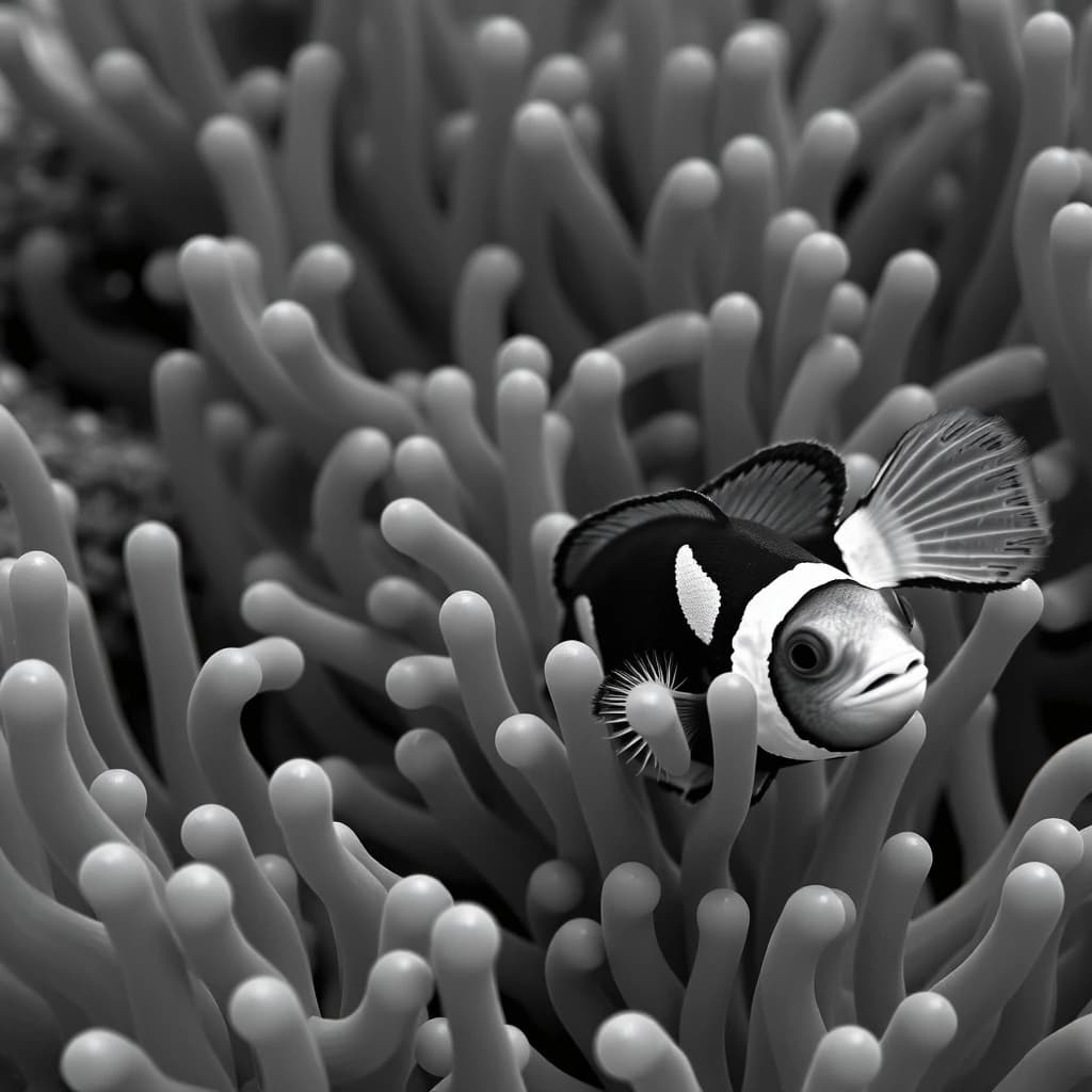 Greenling and Clown Anemone Fish in Bucharest, Romania in the style of black and white