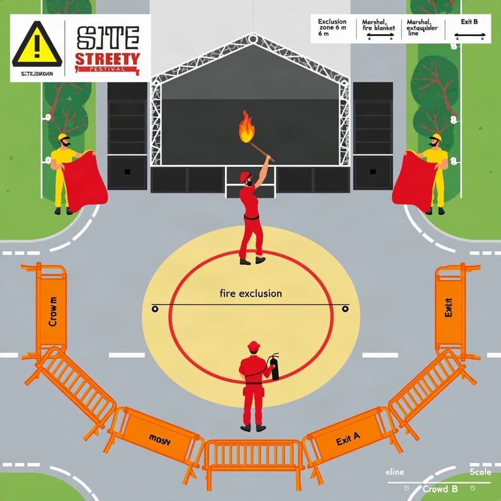 Top down flat vector site safety plan for an outdoor street festival stage. At the centre a fire breather stands on a circular marked pad, flame arc pointing north into an empty exclusion zone with nothing inside it. Two marshals in red hold blankets flanking the pad, one west and one east, and a third marshal in yellow stands behind the performer with an extinguisher. Six barrier segments form a semicircle five metres south of the pad, with two gaps left as exits. Labels read "Exclusion zone 6 m", "Marshal, fire blanket", "Marshal, extinguisher", "Crowd line", "Exit A", "Exit B". Scale bar bottom right, muted amber and slate palette.