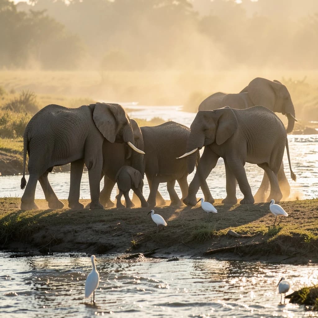 Wildlife photograph for a conservation campaign: a herd crossing a dusty riverbed in low sun. Seven elephants walking left to right, three adults flanking on the outside and two calves tucked between them, one adult trailing at the rear with a broken tusk, and the lead matriarch already up the far bank. Four egrets on the ground, only two of them near the calves. Long shadows, dust haze, nothing written in frame.
