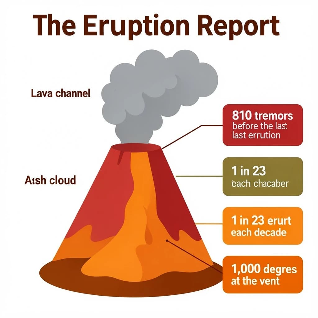 Flat vector illustration titled "The Eruption Report". A cutaway cone sits at the center, carrying three keyed regions, "Lava channel" shaded red, "Ash cloud" shaded gray and "Magma chamber" shaded orange. Three stat chips run down a right column, reading "810 tremors before the last eruption", "1 in 23 erupt each decade" and "1,000 degrees at the vent". Each key color matches the shading of the region it names.