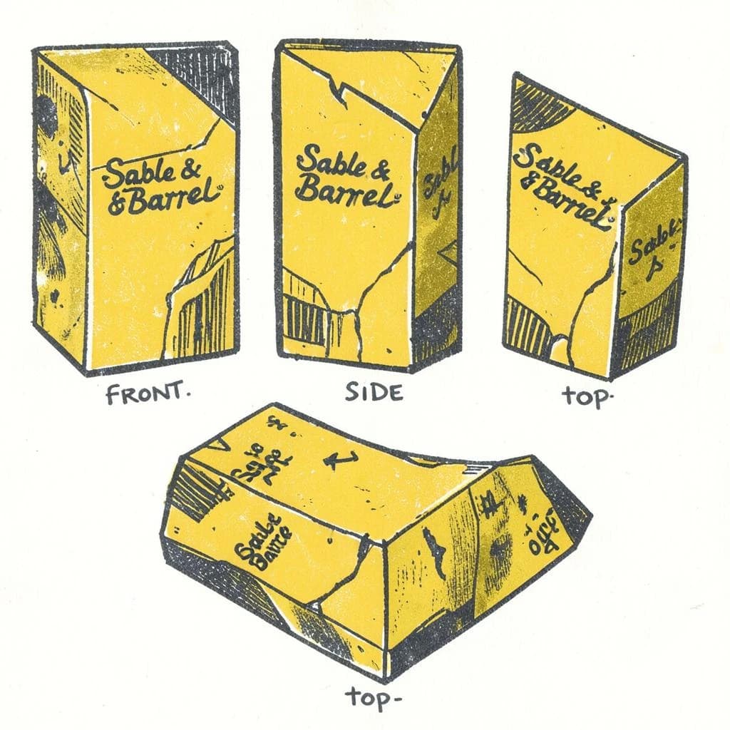Linocut print: one board-game box in three views. The views are captioned "front", "side" and "top" in that order. The wordmark "Sable & Barrel" appears on every view with a small anchor mark beside it. The mustard-and-charcoal coloring is the same across every view, and only the angle changes.