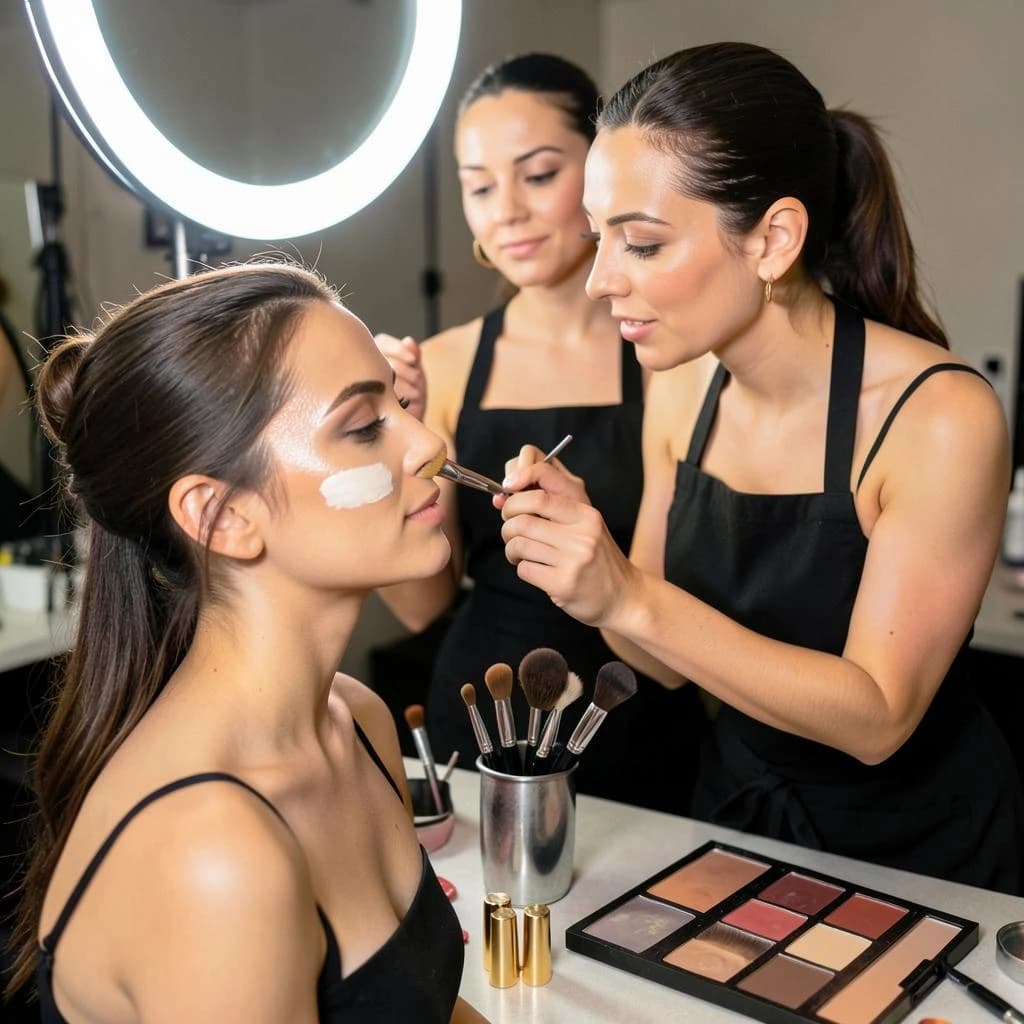 Fashion photograph at a backstage vanity lit by a ring light. A makeup artist in a black apron leans in from the right and blends cream blush into a seated model's cheekbone with her fingers, while a second artist standing behind them holds a lash tray in one hand and tweezers in the other, mid pick. On the counter between them: six brushes standing bristle up in a metal cup, three lipstick bullets lying in a row with their caps off beside them, and one open palette showing two used shades and four untouched. Warm skin tones, glossy highlights, shallow depth of field.