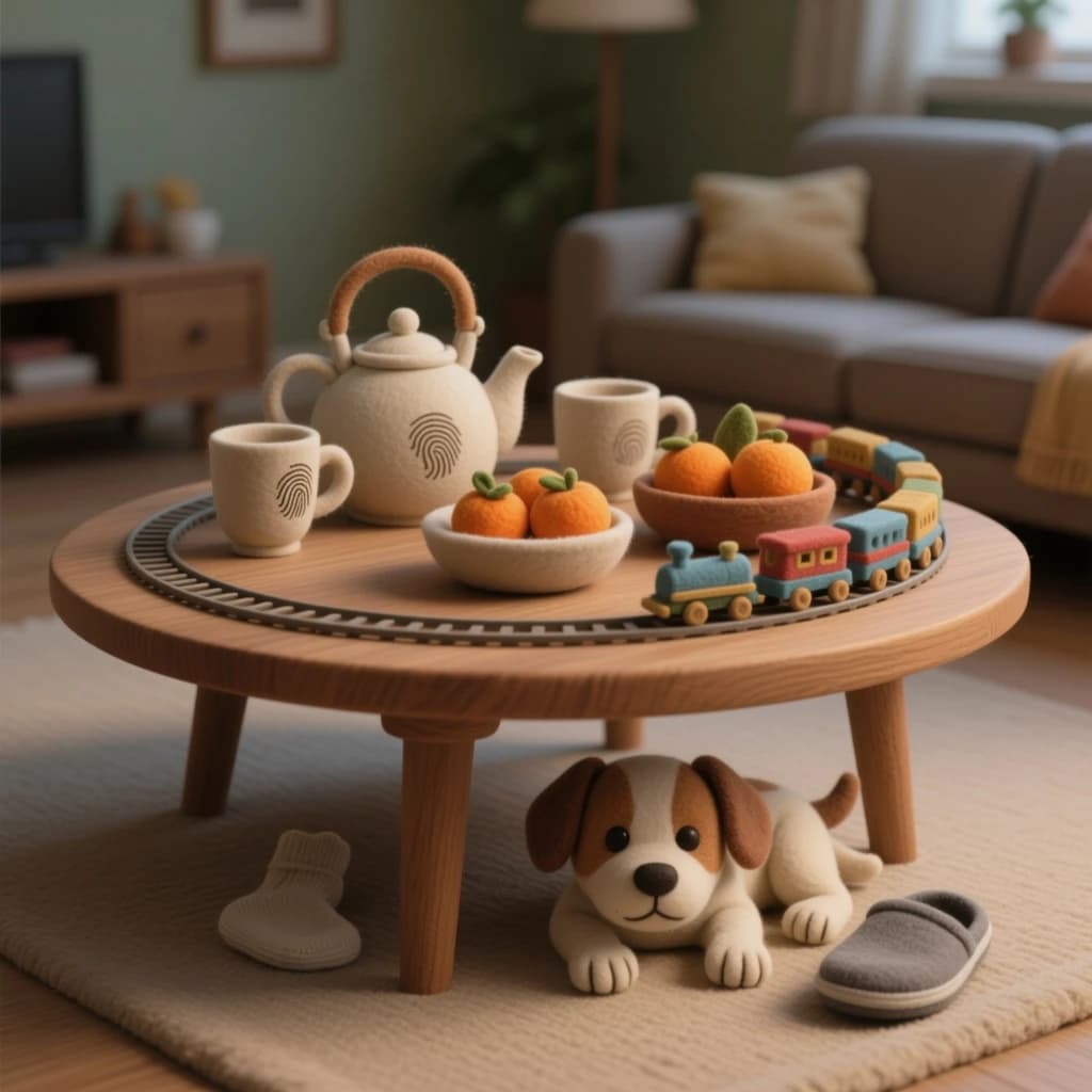 Stop-motion set built from felt and clay, fingerprints visible in the clay, shallow tabletop lighting. A round wooden coffee table in a family living room seen from a low child's-eye angle. On it: a teapot with three cups, two of them upside down, a bowl holding four felt oranges, and a toy train circling the whole arrangement on a loop of track. Underneath the table a small dog lies with a slipper between its paws, and a single sock sits beside the table's near leg.
