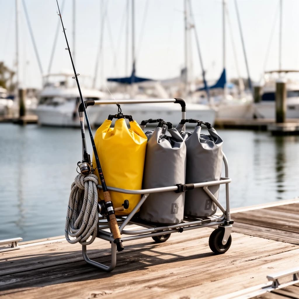 Lifestyle listing photo on a marina dock: a folding dock cart holding three dry bags, the largest yellow and the two smaller ones grey, two fishing rods leaning against the handle, and one coiled dock line hanging from the front rail. Masts blurred behind.