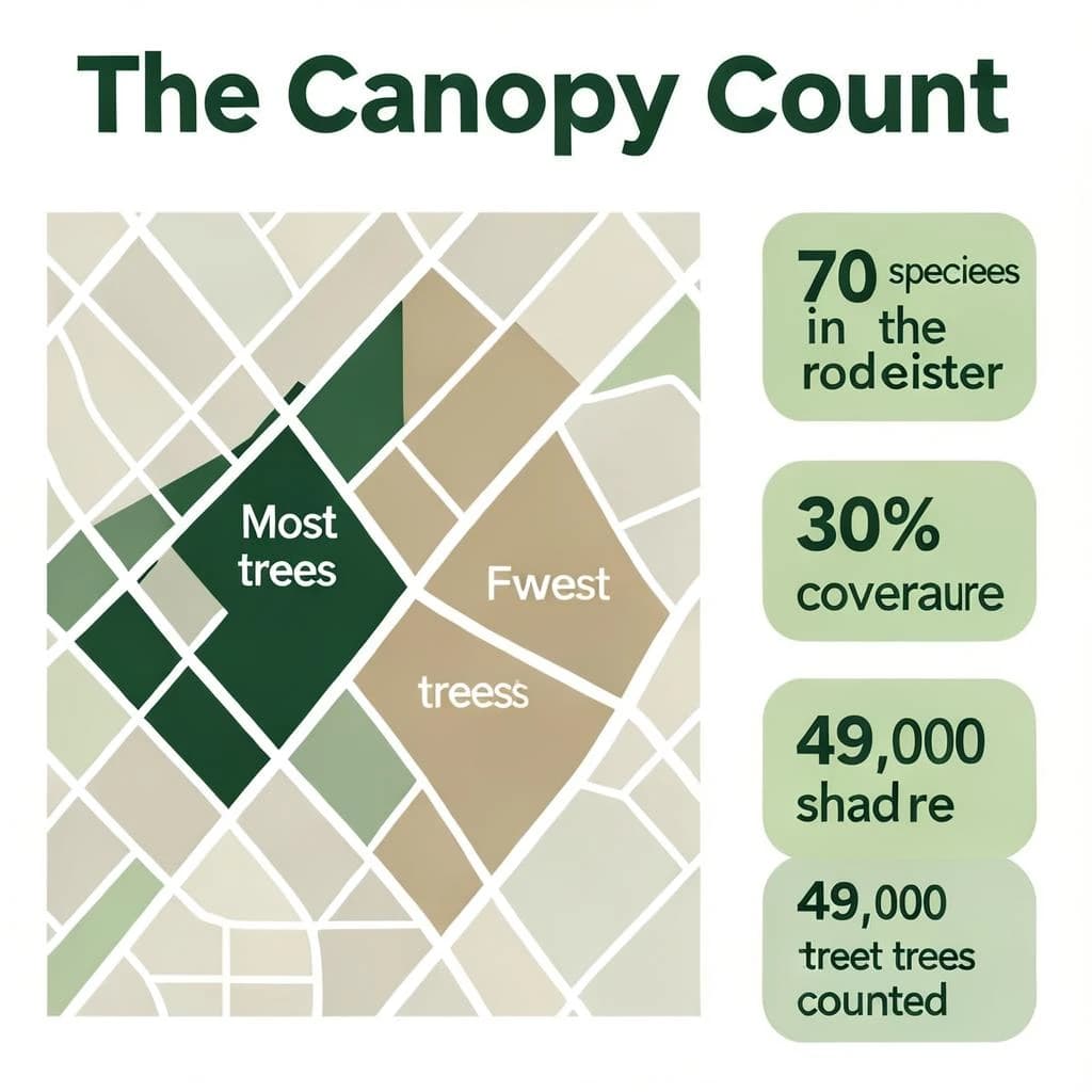 Flat infographic titled "The Canopy Count": at the center a simplified street map with shaded districts, carrying two keyed regions, "Most trees" shaded dark green and "Fewest trees" shaded tan, beside a right column of three stat chips reading "70 species in the register", "30% shade coverage" and "49,000 street trees counted".