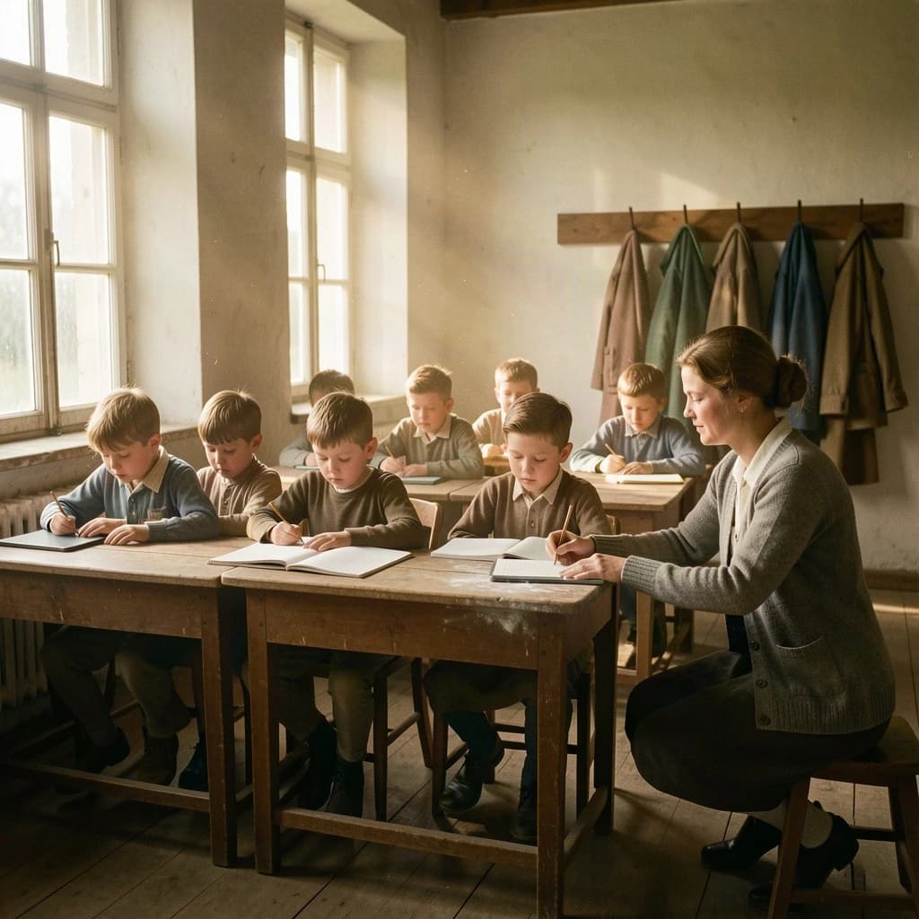 Documentary photograph inside a 1961 rural schoolhouse, late afternoon sun through tall windows. Twelve pupils at six shared wooden desks, two to a desk: the four in the window row copy from slates, the four in the middle row have open exercise books, the four along the back wall are turned around watching. The teacher, a woman in a grey cardigan with chalk dust on her sleeve, kneels beside the desk nearest the door, one hand steadying a boy's pencil. Four wall hooks behind her hold three coats, the middle hook bare. Warm dust in the light, fine grain, nobody posing.