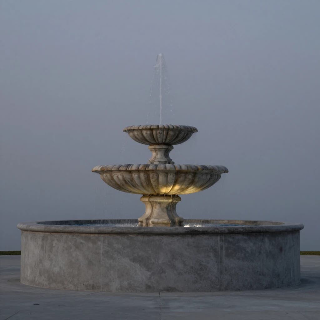 one marble fountain against plain concrete, dusk