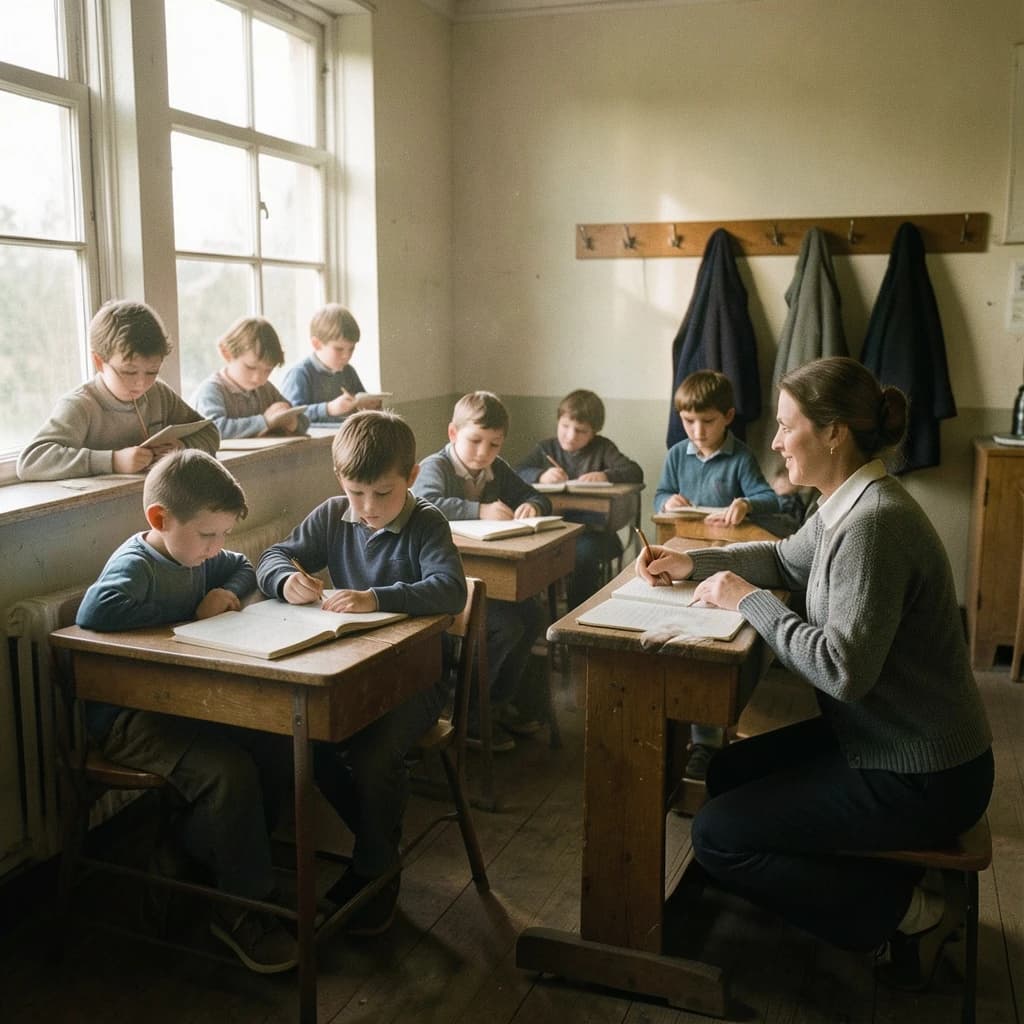 Documentary photograph inside a 1961 rural schoolhouse, late afternoon sun through tall windows. Twelve pupils at six shared wooden desks, two to a desk: the four in the window row copy from slates, the four in the middle row have open exercise books, the four along the back wall are turned around watching. The teacher, a woman in a grey cardigan with chalk dust on her sleeve, kneels beside the desk nearest the door, one hand steadying a boy's pencil. Four wall hooks behind her hold three coats, the middle hook bare. Warm dust in the light, fine grain, nobody posing.