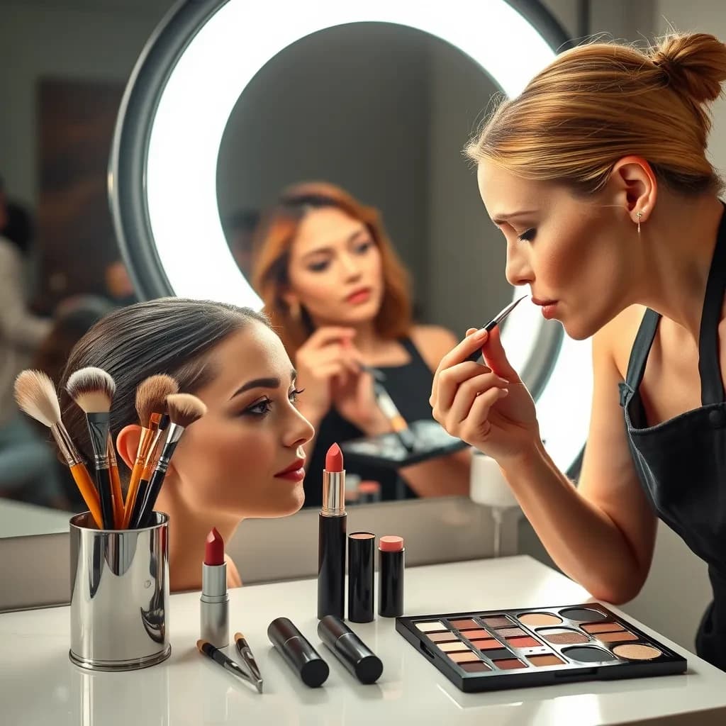 Fashion photograph at a backstage vanity lit by a ring light. A makeup artist in a black apron leans in from the right and blends cream blush into a seated model's cheekbone with her fingers, while a second artist standing behind them holds a lash tray in one hand and tweezers in the other, mid pick. On the counter between them: six brushes standing bristle up in a metal cup, three lipstick bullets lying in a row with their caps off beside them, and one open palette showing two used shades and four untouched. Warm skin tones, glossy highlights, shallow depth of field.