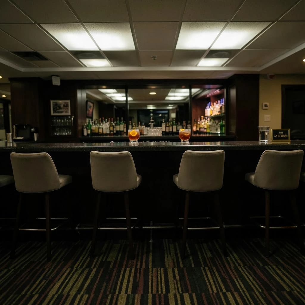 Liminal space photograph of a hotel bar at four in the morning, humming fluorescent ceiling panels, patterned carpet running off frame, nobody in sight. Eleven identical barstools stand in one unbroken row along the counter, only the fifth pulled out and turned. Three finished old fashioneds sit spaced along the bar, each down to melted ice and a single orange peel, and a fourth glass, freshly poured and still clear, waits at the far end beside a small brass sign reading "THE LATE ROOM".