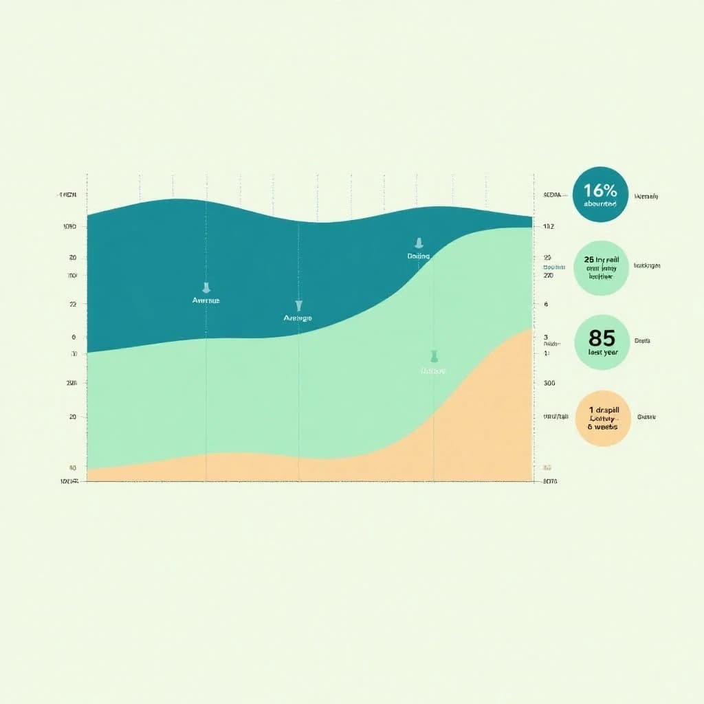 Flat vector illustration titled "Wet Season by the Numbers". A twelve-month rainfall timeline sits at the center, carrying three keyed regions, "Wettest" shaded dark blue, "Average" shaded pale green and "Driest" shaded sand. Three stat chips run down a right column, reading "16% above the ten-year mean", "85 rain days last year" and "1 dry spell every 6 weeks". Each key color matches the shading of the region it names.