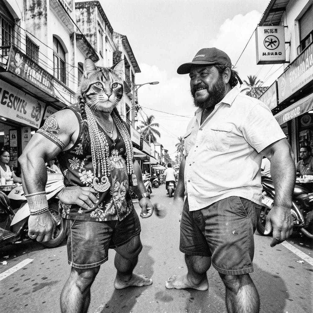 Channel Cat and Megathere in Manila, Philippines in the style of black and white