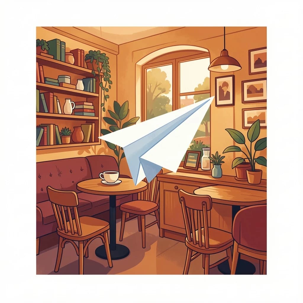 Silkscreen print of a paper airplane inside a cozy cafe, layered wash, smooth vector finish, split-complementary palette.