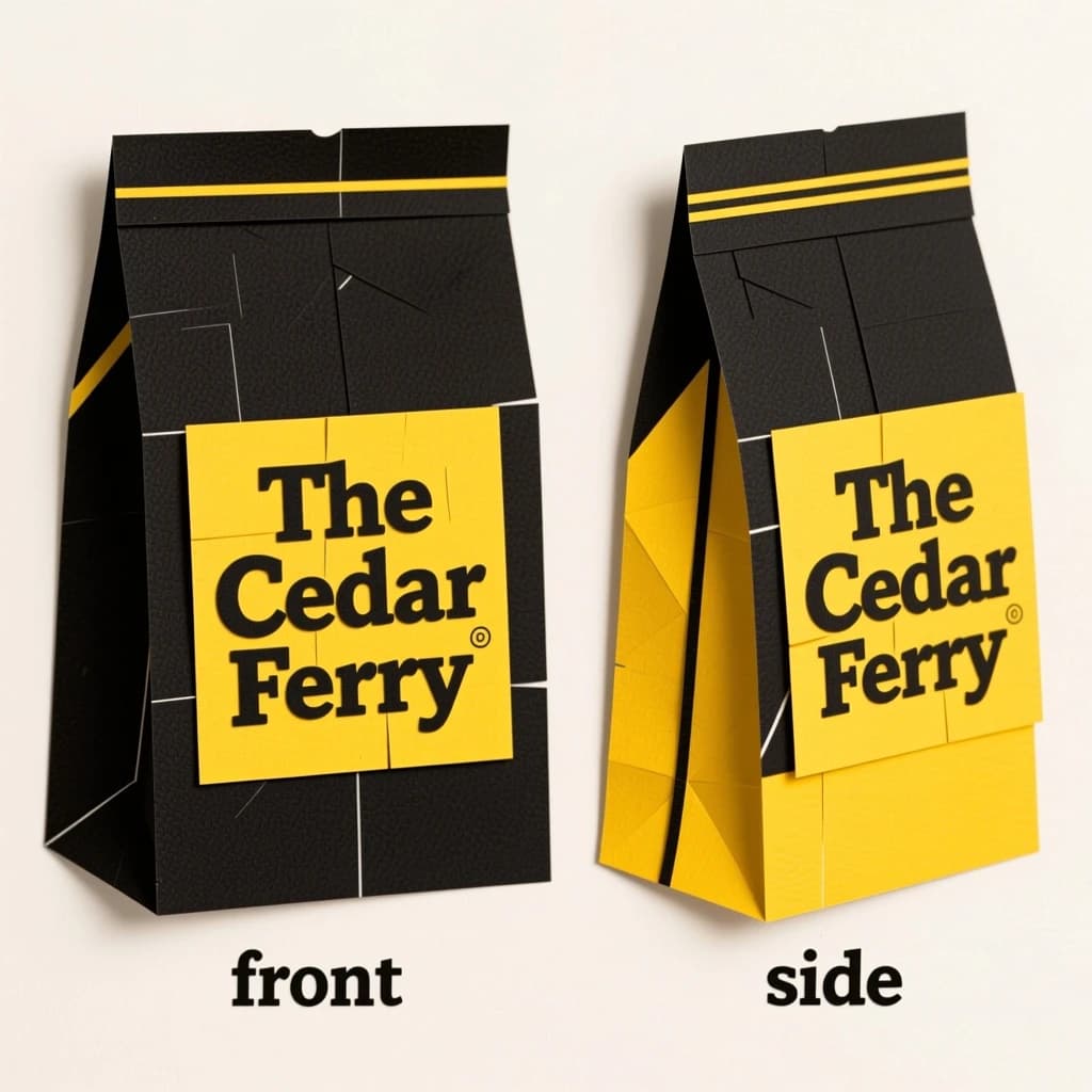 Cut-paper collage: one coffee bag in two views. The views are captioned "front" and "side" in that order. The wordmark "The Cedar Ferry" appears on every view. The black-and-yellow coloring is the same across every view, and only the angle changes.