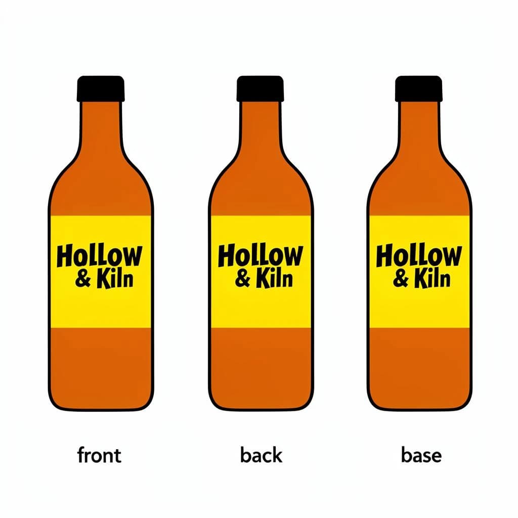 Flat vector illustration of the same hot-sauce bottle drawn in three views, captioned "front", "back" and "base", every view carrying the wordmark "Hollow & Kiln" in the same black-and-yellow coloring, only the angle changing.