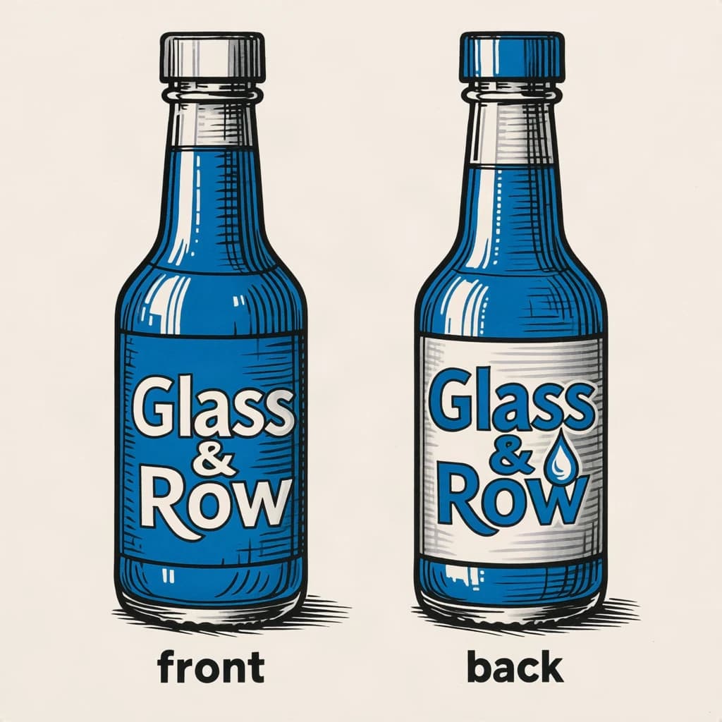 Printed poster of the same hot-sauce bottle drawn in two views, captioned "front" and "back", every view carrying the wordmark "Glass & Row" with a single droplet symbol beside it in the same blue-and-silver coloring, only the angle changing.