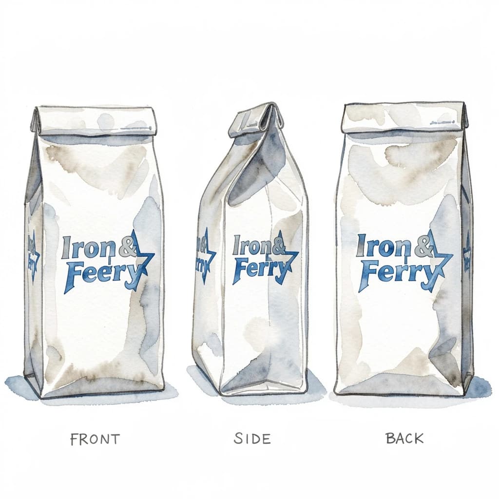 Watercolor of the same coffee bag drawn in three views, captioned "front", "side" and "back", every view carrying the wordmark "Iron & Ferry" with a five-point star outline beside it in the same blue-and-silver coloring, only the angle changing.