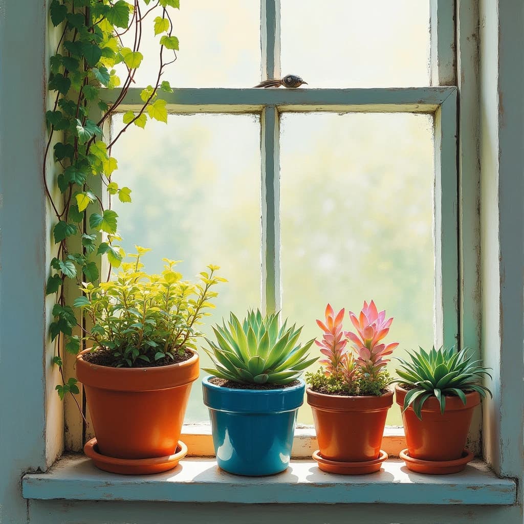 Fauvist feed post: a windowsill shelf with six potted plants, the three terracotta pots holding trailing vines and the three glazed blue pots holding upright succulents, painted in violent orange, pink and green. Only the tallest vine reaches the curtain.