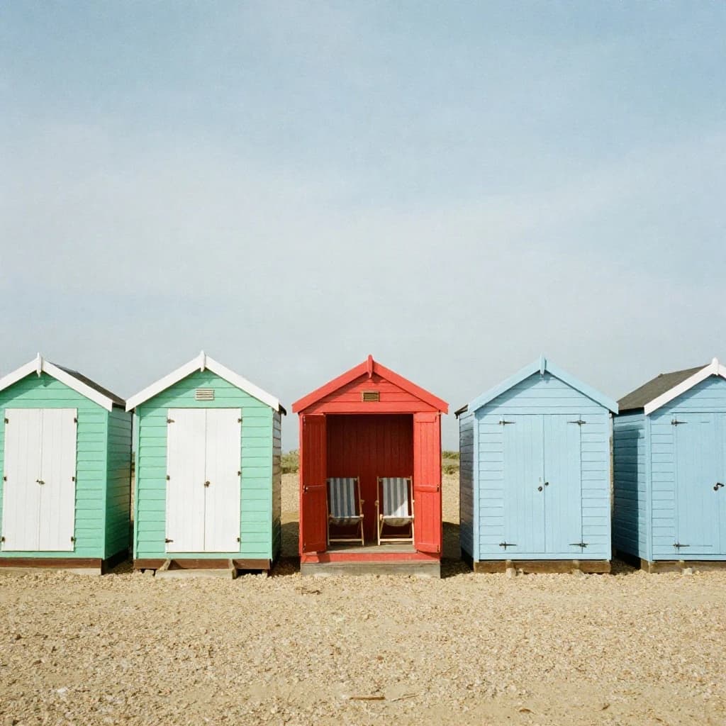 35mm film photo of seven beach huts in a row on a shingle bank. The three left huts are mint green with white doors, the middle one is red with its doors open showing two deckchairs inside, the three right huts are pale blue and shuttered.
