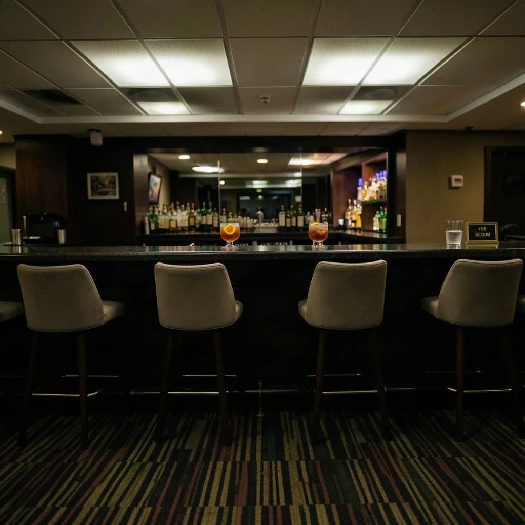 Liminal space photograph of a hotel bar at four in the morning, humming fluorescent ceiling panels, patterned carpet running off frame, nobody in sight. Eleven identical barstools stand in one unbroken row along the counter, only the fifth pulled out and turned. Three finished old fashioneds sit spaced along the bar, each down to melted ice and a single orange peel, and a fourth glass, freshly poured and still clear, waits at the far end beside a small brass sign reading "THE LATE ROOM".