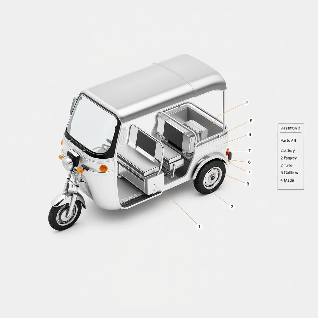 Exploded axonometric of an electric tuk-tuk, every part rendered in polished liquid chrome against a flat pale grey background, parts floating apart along thin leader lines. One front wheel below the fork, two rear wheels off the axle, two battery modules sliding out from under the bench seat with the left module taller than the right, four grab handles above the roof frame, one canopy panel on top. Numbered callouts one through seven with a parts list down the right edge and a title block reading "Assembly A-3".