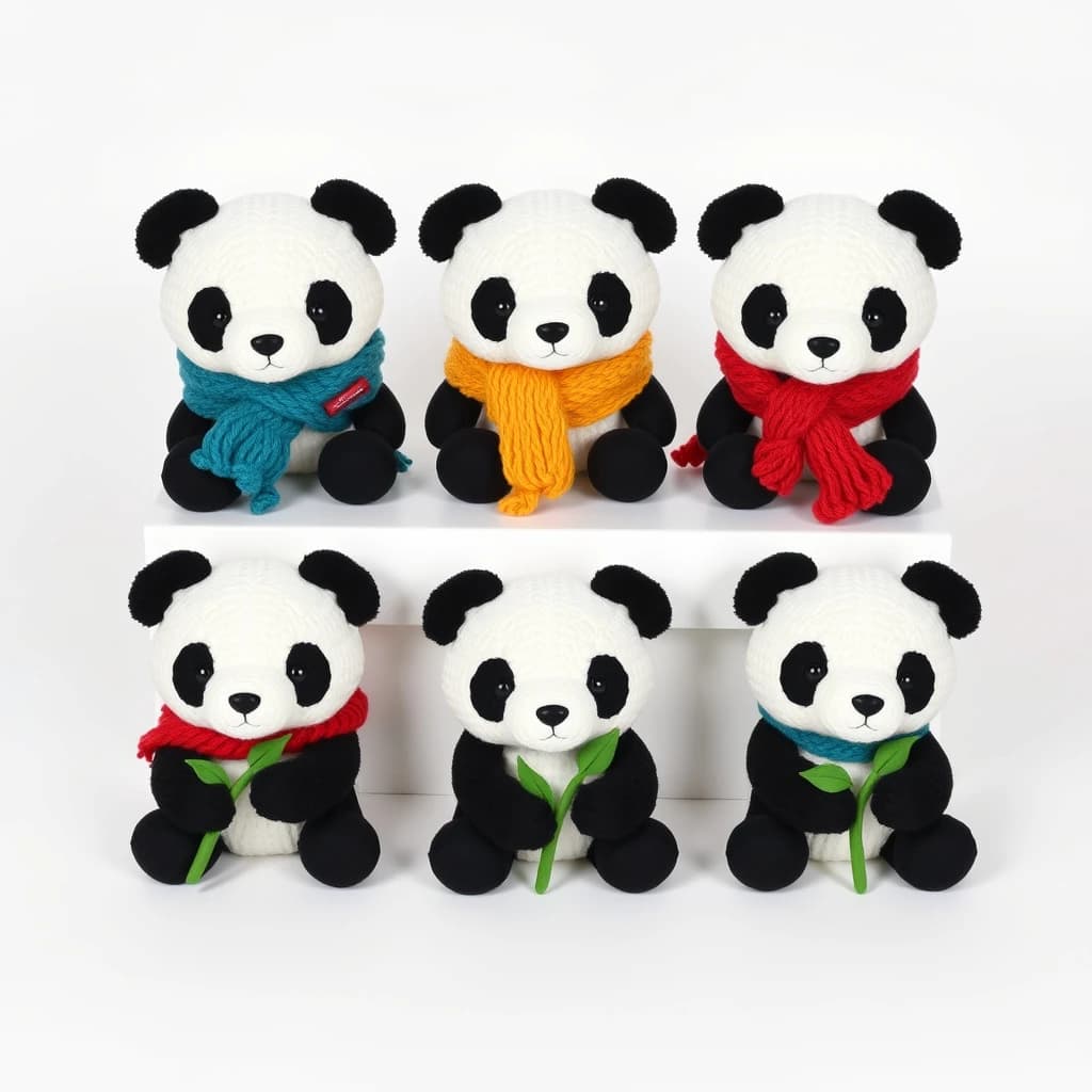 Studio product photography, plain white variant grid: six panda plushes in two rows of three, all seated facing camera. The top row wears knit scarves in red, mustard and teal. The bottom three wear no scarves, each holding a small felt bamboo shoot.