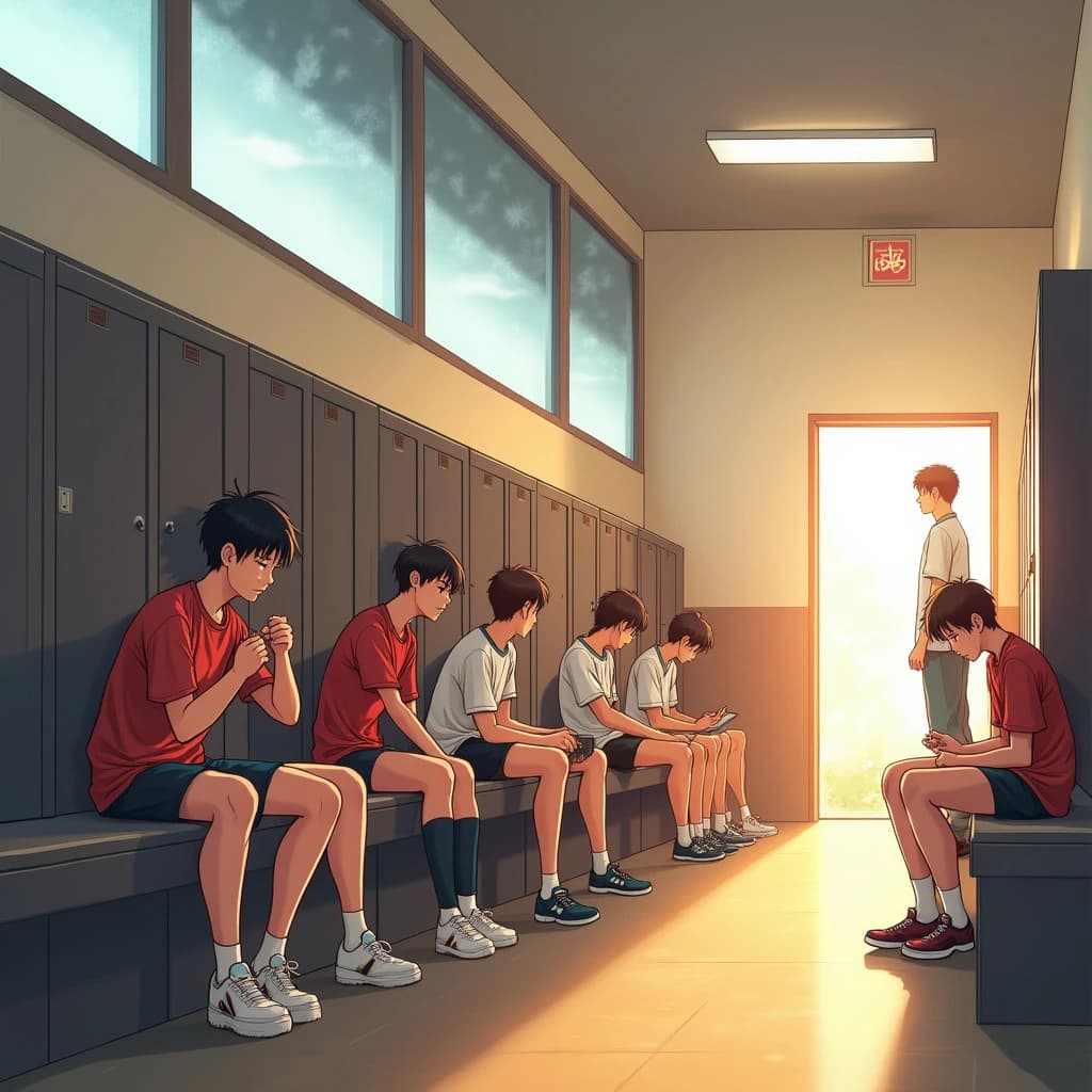 Modern anime interior for a high school volleyball series, wide view down a team locker room after practice. Eight lockers along the back wall in two banks of four, the three on the far left hanging open with jerseys spilling out and the rest shut. Four players occupy the foreground bench: the setter re-taping two fingers, the libero pulling on a knee sleeve, the captain reading a clipboard, and a first year asleep sitting upright with a towel over his face. A coach stands in the right doorway holding a whistle, half in shadow. Warm late-sun bars fall through high frosted windows, cel shading, clean bold linework.