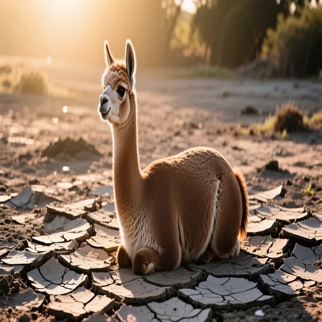 quiet alpaca on cracked earth, backlit