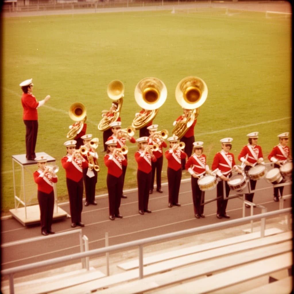Nineteen seventies Kodachrome-era colour film look, faded warm grain and slight overexposure: a high school marching band seen from a stadium walkway. Front rank of five trumpet players in red and white uniforms, all with horns raised. Behind them three sousaphones in a triangle, the middle player caught mid turn. A line of four drummers to the right, the snare drummer nearest the camera mid stroke. A single drum major stands on a podium at the far left with his back to us, arms up. Empty green field behind them.