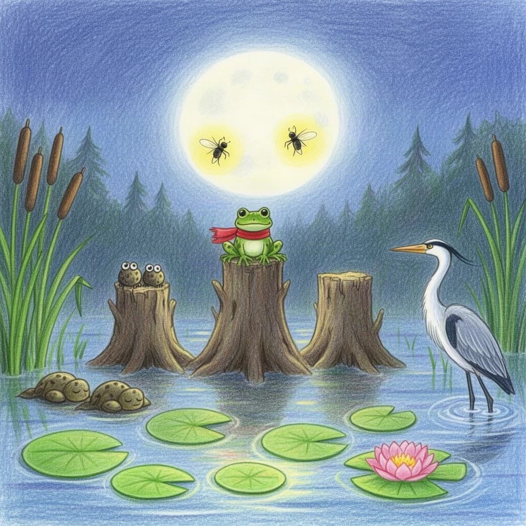 Story card in soft children's book illustration with crayon texture. A moonlit swamp with three cypress stumps in a row across the water. A small green frog in a red scarf sits on the middle stump. Two fireflies circle above his head while four more sit sleeping on the reeds to the left. A heron stands knee deep at the right edge, looking away from the frog. Nine lily pads float across the foreground, only one of them carrying a flower.