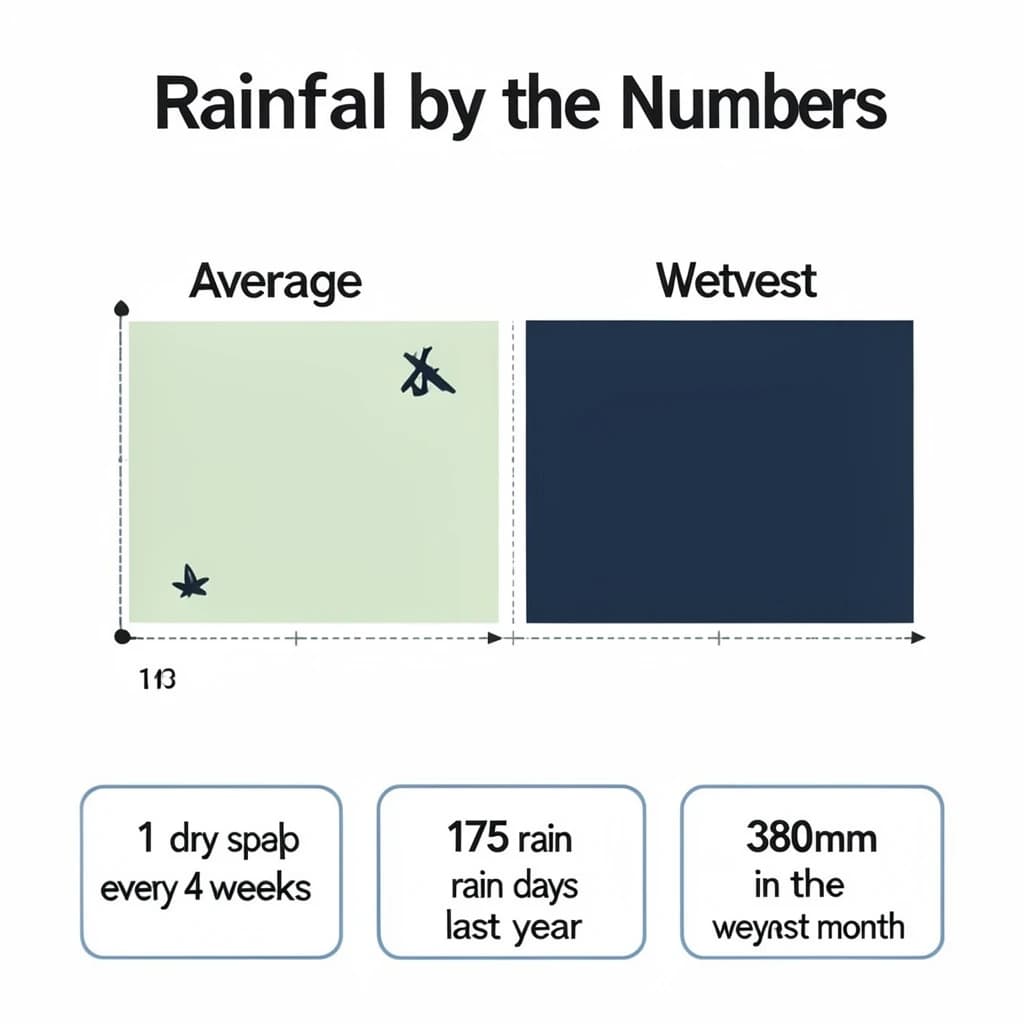 Flat infographic titled "Rainfall by the Numbers": at the center a twelve-month rainfall timeline, carrying two keyed regions, "Average" shaded pale green and "Wettest" shaded dark blue, beside a bottom row of three stat chips reading "1 dry spell every 4 weeks", "175 rain days last year" and "380mm in the wettest month".