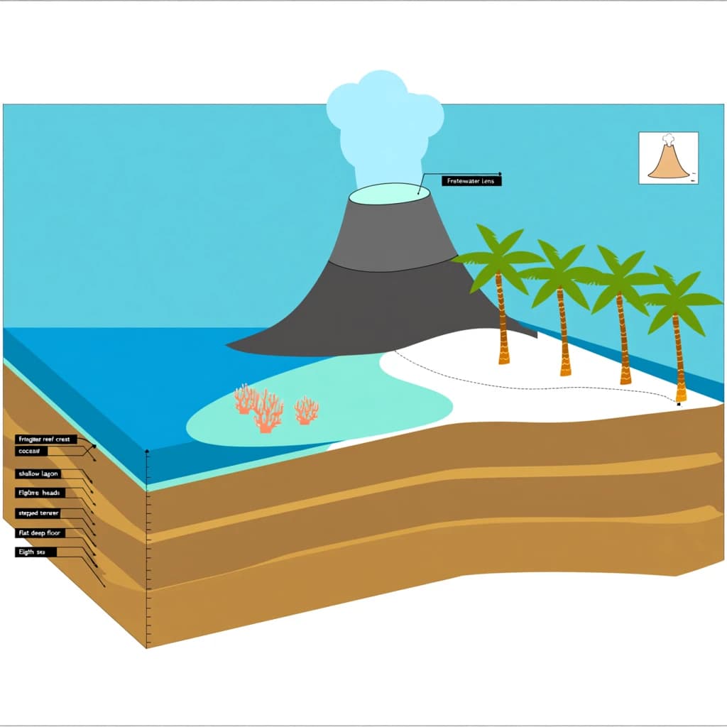 Cross section of a volcanic tropical island as a flat academic figure with clean colour blocks and a horizontal sea level line. Reading from the ocean on the left toward the right: a fringing reef crest, a shallow lagoon holding three coral heads, a white sand beach, a coconut palm belt of five trees, then a rising basalt cone with two lava layers picked out in darker grey, and a freshwater lens drawn as a pale blue dome under the middle of the island. Below sea level the flanks drop in three stepped terraces to a flat deep floor. Eight leader line labels, a depth scale down the left edge, and a small locator inset in the top right.