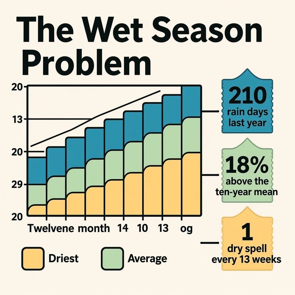 Printed poster titled "The Wet Season Problem". A twelve-month rainfall timeline sits at the center, carrying two keyed regions, "Driest" shaded sand and "Average" shaded pale green. Three stat chips run down a right column, reading "210 rain days last year", "18% above the ten-year mean" and "1 dry spell every 13 weeks". Each key color matches the shading of the region it names.