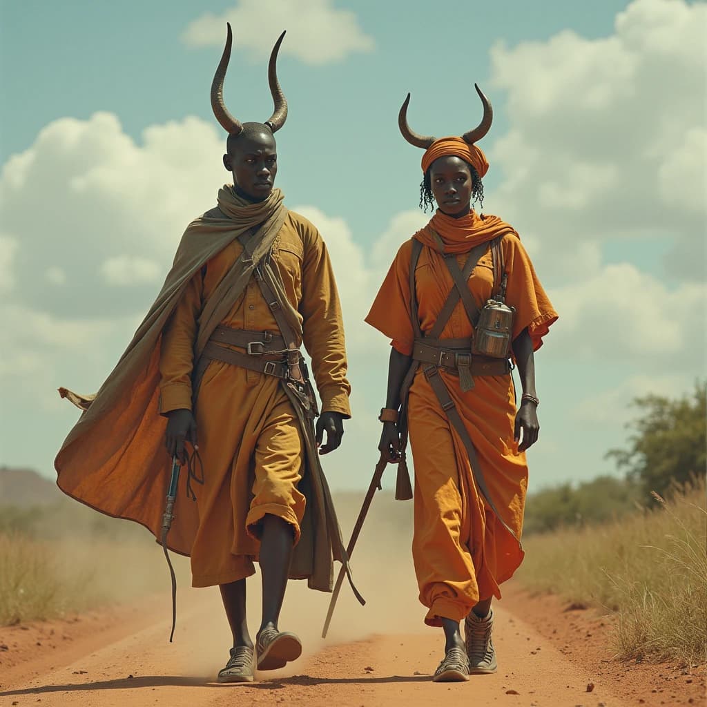Jacamar and Mollie in Dodoma, Tanzania in the style of futurism