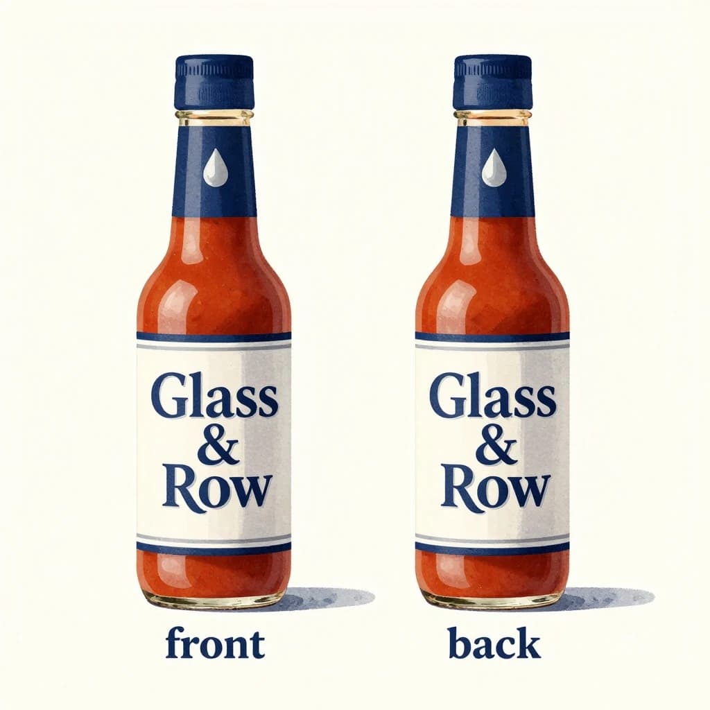 Printed poster of the same hot-sauce bottle drawn in two views, captioned "front" and "back", every view carrying the wordmark "Glass & Row" with a single droplet symbol beside it in the same blue-and-silver coloring, only the angle changing.