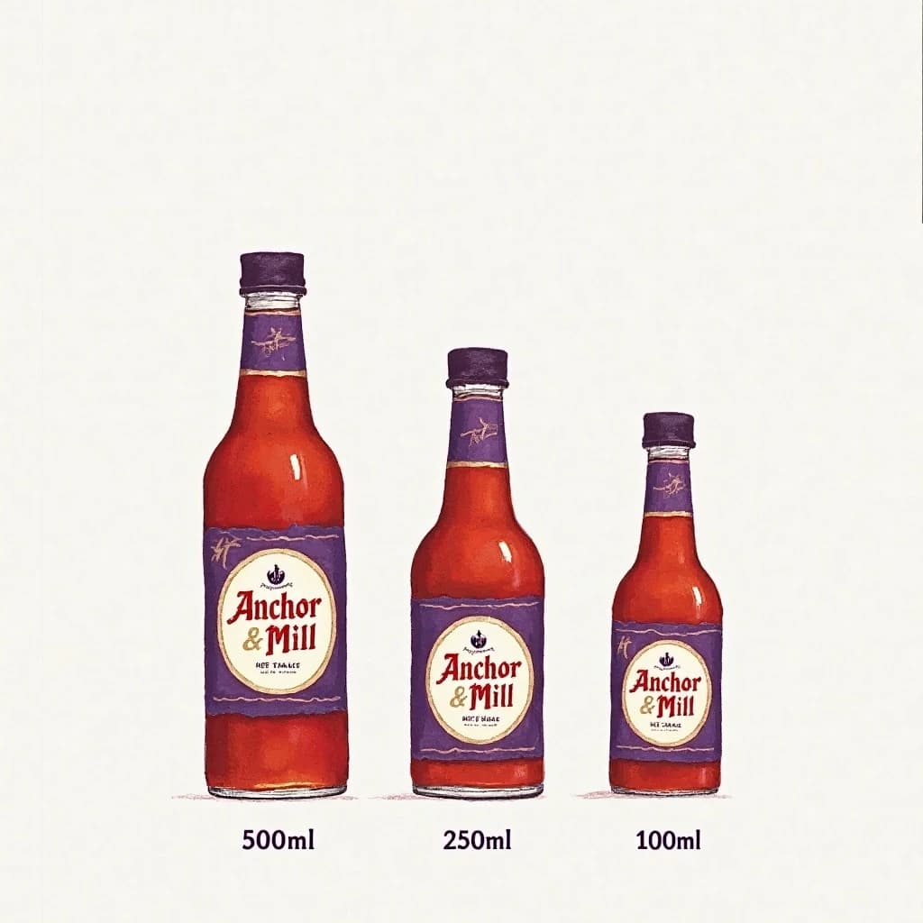 Cut-paper collage of the same hot-sauce bottle drawn in three sizes, captioned "500ml", "250ml" and "100ml", every size carrying the wordmark "Anchor & Mill" with a six-tooth gear mark beside it in the same purple-and-white coloring, only the bottle size changing.