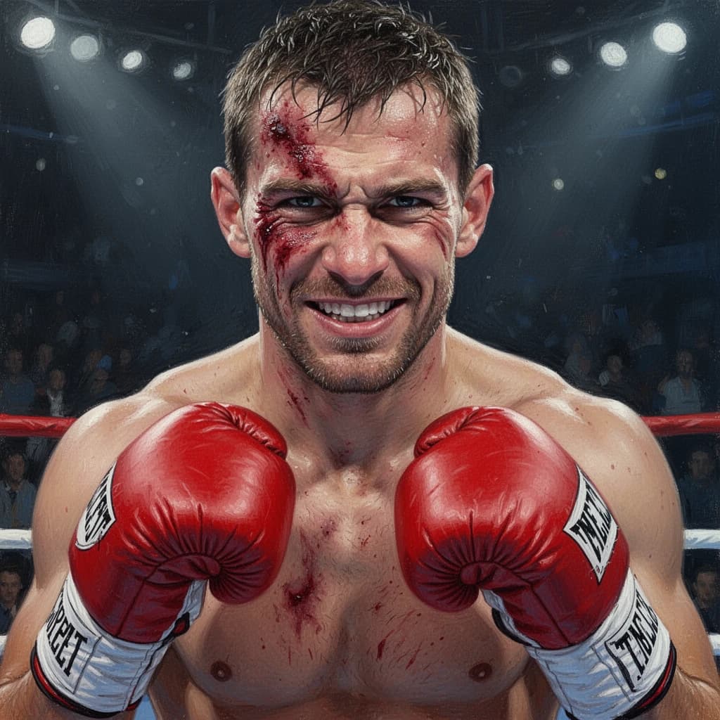Paint a bruised boxer smiling, serious expression.