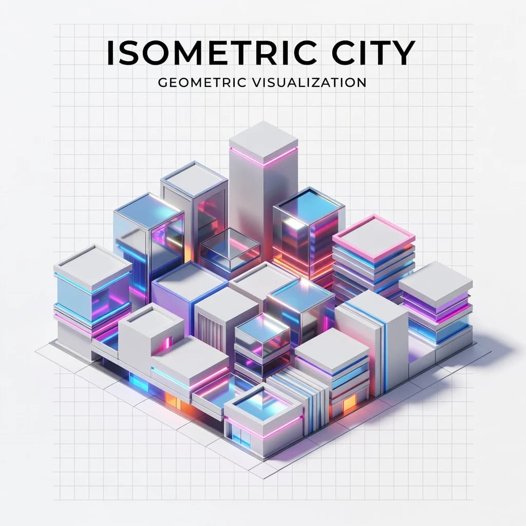 Render an isometric city poster with geometric buildings, neon gradients, gloss highlights, soft AO shadows, clean sans-serif lettering, grid layout, reflections a bit overexposed.