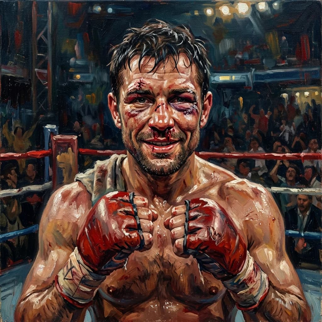 Paint a bruised boxer smiling, serious expression.