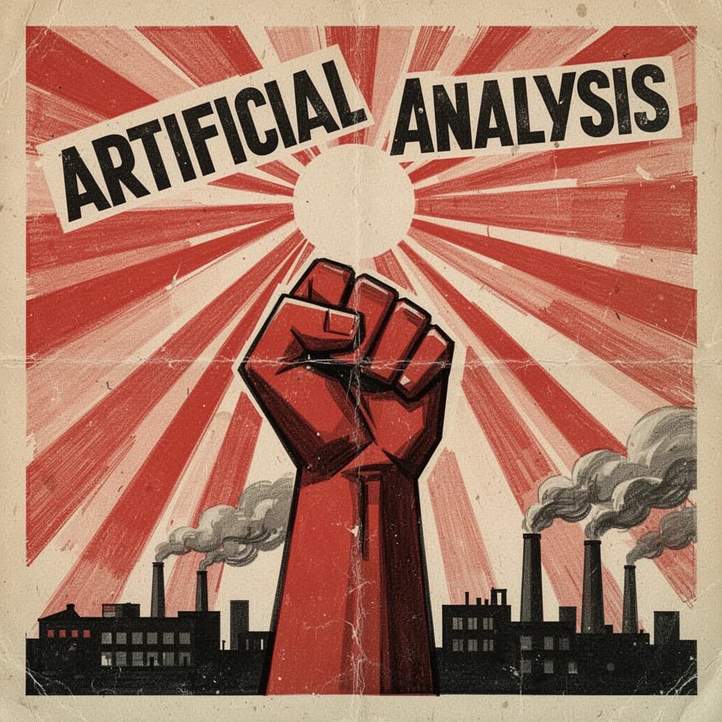 A propaganda poster in stark red, black, and beige. A clenched fist rises in the foreground, rendered with sharp geometric blocks. Behind it, radiating lines stretch upward toward a stylized sun. At the top, bold sans-serif lettering in Cyrillic-inspired type spells out Artificial Analysis, tilted at an angle for emphasis. A factory skyline silhouettes the bottom edge, smoke stacks rising into the background. The texture is rough, printed on aged paper with visible creases and ink bleed. Designed in the constructivist Soviet poster style.