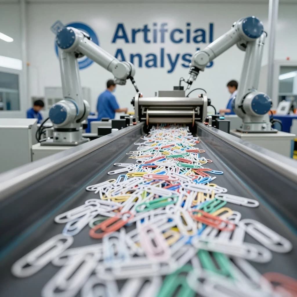 Close up point of view perspective on a conveyor belt pumping out paperclips at a maddening pace. The high tech factory has Artificial Analysis printed proudly on the wall. Robot staff look approvingly over the robust output.