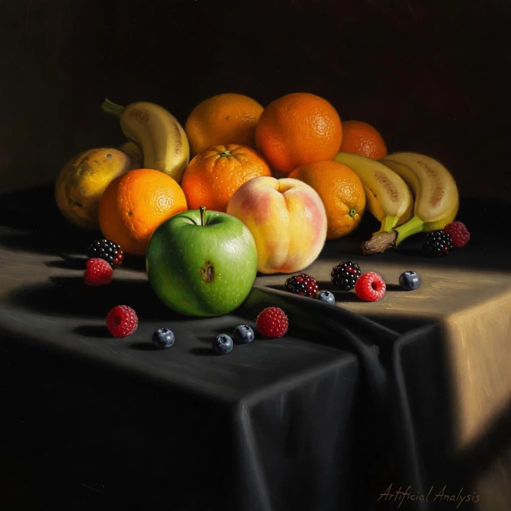 A still life scene painted oil on canvas, comprising various fruits on a black table cloth with striking lighting coming from the right out of frame, creating strong shadows. A bruised green apple is in the foreground, a peach behind it, and behind that a melange of oranges and bananas in various states of ripeness. Berries are strewn in front of the apple. The artist has signed his name "Artificial Analysis" in the bottom right corner in a hurried fashion.