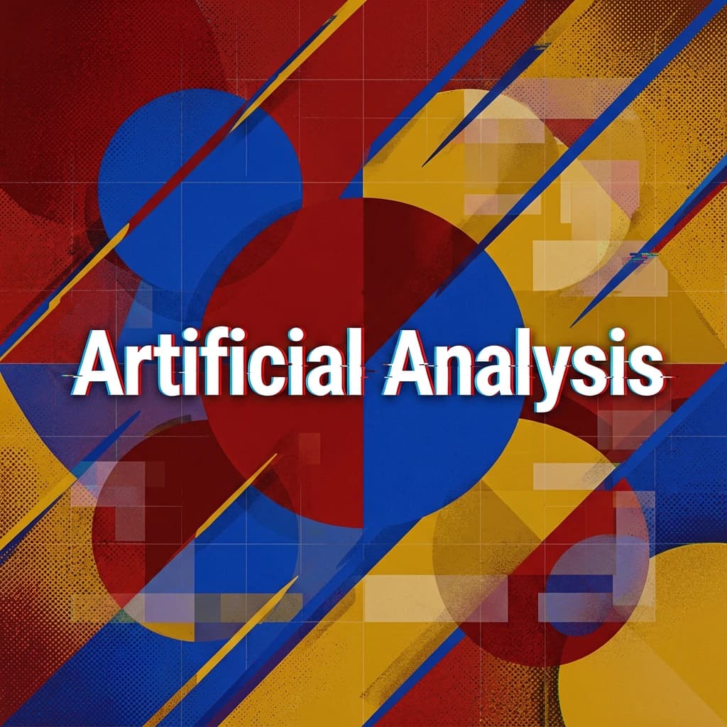 A bold poster composition dominated by flat geometric shapes in crimson, cobalt, and ochre. Overlapping circles and sharp diagonal lines create dynamic tension across the frame. A single sans-serif word — Artificial Analysis — stretches across the center in stark white, distorted slightly as though caught mid-glitch. The background is textured with halftone dots and faint grid lines, while subtle overlays of translucent rectangles suggest depth. Designed in the spirit of modernist Swiss typography fused with digital glitch aesthetics.