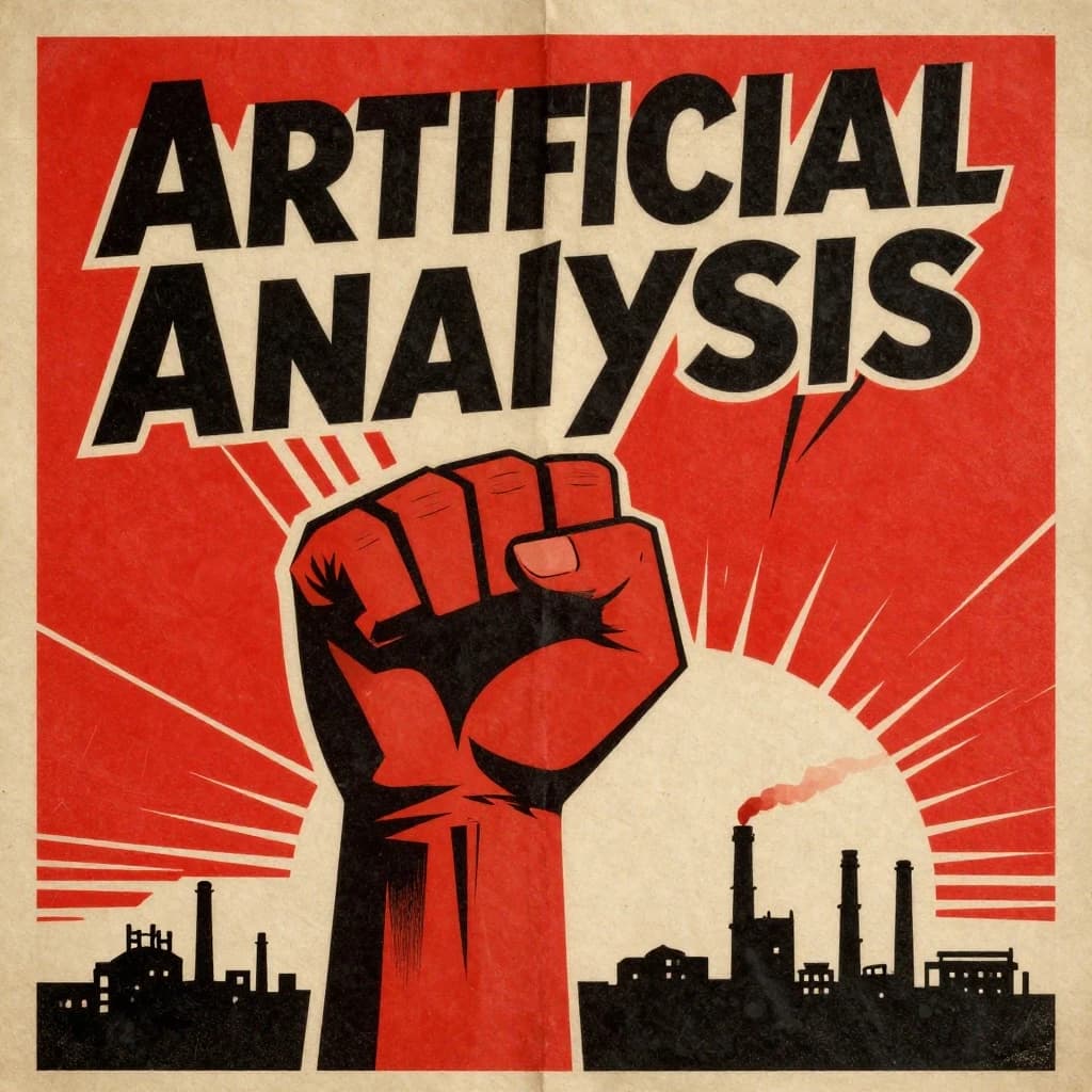 A propaganda poster in stark red, black, and beige. A clenched fist rises in the foreground, rendered with sharp geometric blocks. Behind it, radiating lines stretch upward toward a stylized sun. At the top, bold sans-serif lettering in Cyrillic-inspired type spells out Artificial Analysis, tilted at an angle for emphasis. A factory skyline silhouettes the bottom edge, smoke stacks rising into the background. The texture is rough, printed on aged paper with visible creases and ink bleed. Designed in the constructivist Soviet poster style.