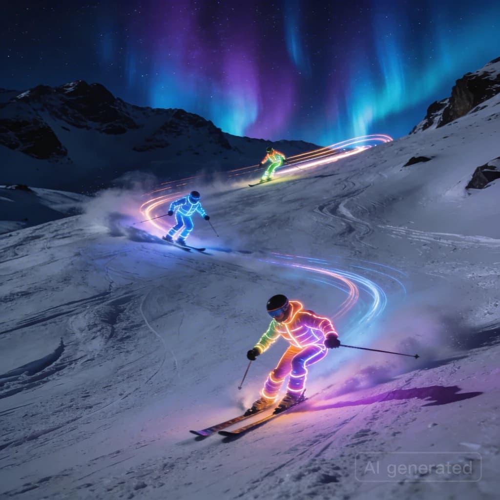 Coronet Peak Night Skiing: Skiers in colorful LED suits carve their way down the slopes of New Zealand's Coronet Peak under the Aurora Borealis, the skiers' light trails visible behind them