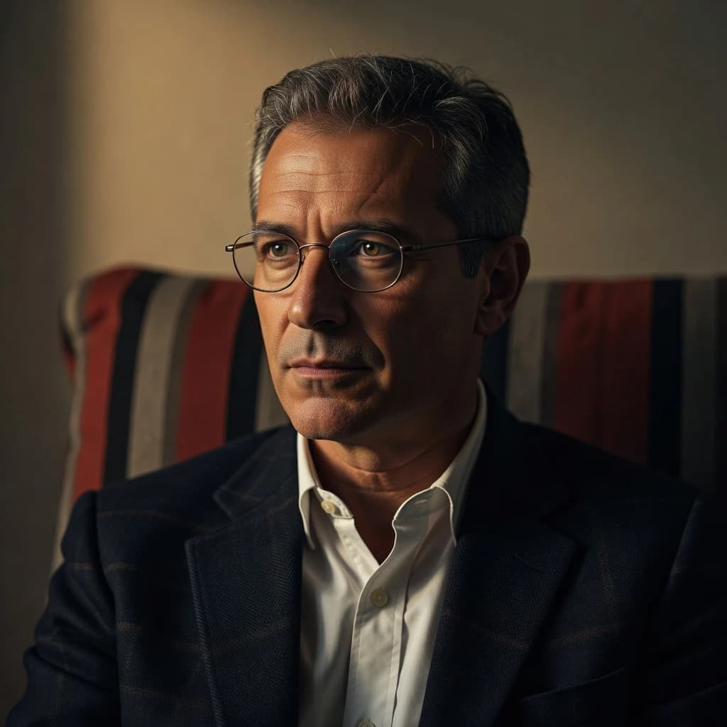 A sharply lit portrait of a middle-aged man wearing thin-rimmed glasses and a dark jacket over a white collared shirt. He gazes intently to the side, his face half illuminated by warm light while the background recedes into deep shadow. The expression is thoughtful, almost wary, as if caught mid-conversation. Behind him, a striped cushion in muted reds and blacks adds subtle texture, contrasting with the crisp highlights on his forehead and glasses. The overall mood is contemplative and cinematic, balancing warmth with tension.